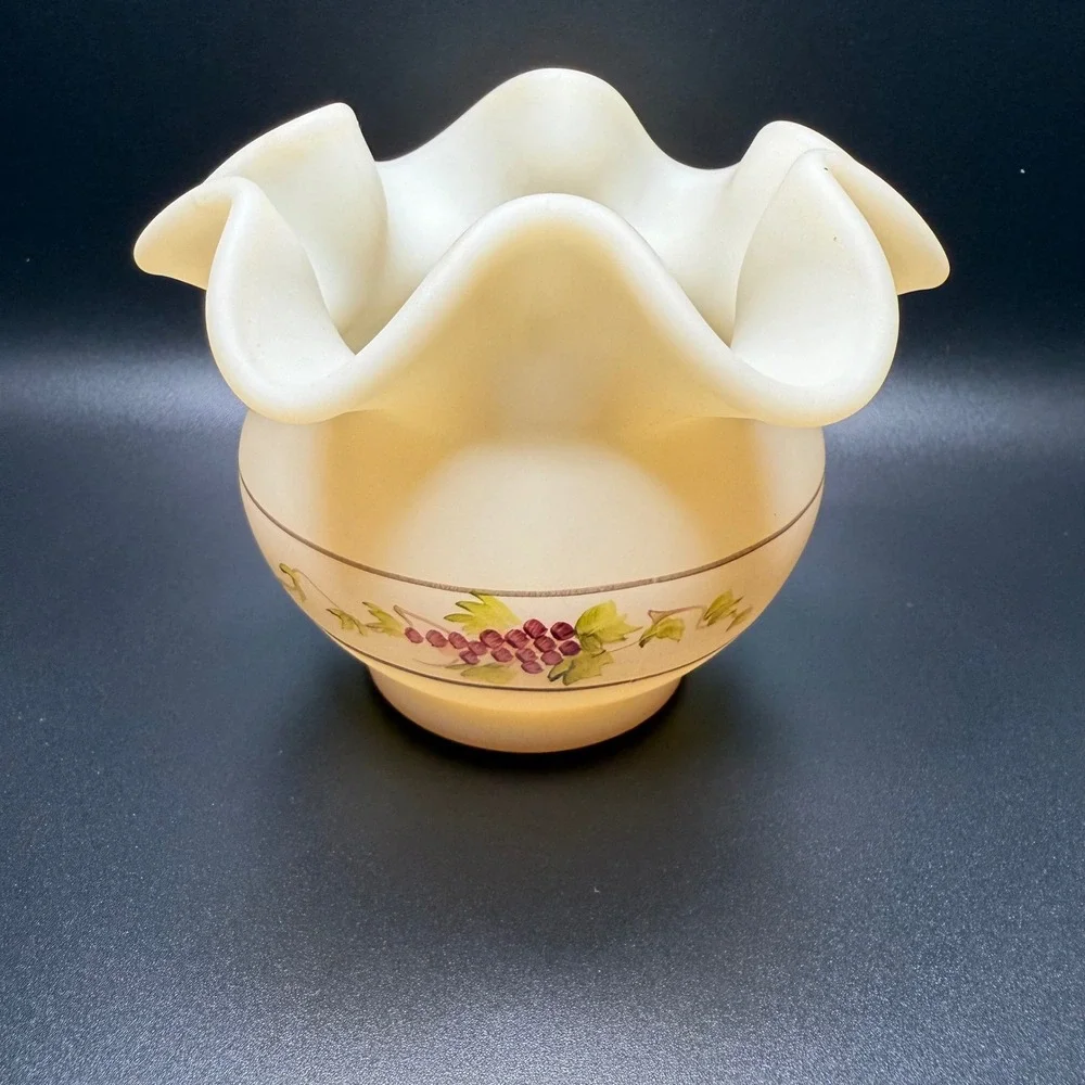 Hand Painted‎ Milk Glass Vase Floral Grapes Ruffled Top Artist Signed